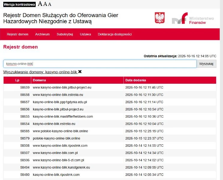 Wyniki wyszukiwania frazy kasyno-online-blik w rejestrze domen służących do oferowania gier hazardowych niezgodnie z ustawą (MF)