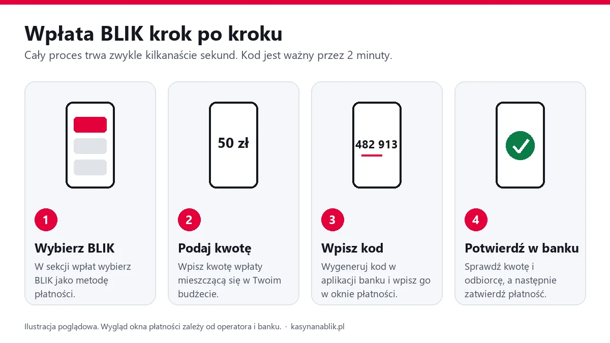 Wpłata BLIK w kasynie krok po kroku: wybór metody, podanie kwoty, wpisanie kodu BLIK i potwierdzenie w aplikacji banku